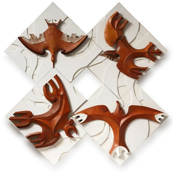 Fred Graham Ngā Hau E Wha (The Four Winds) 1984. Kauri and painted custom wood. Collection of Creative New Zealand