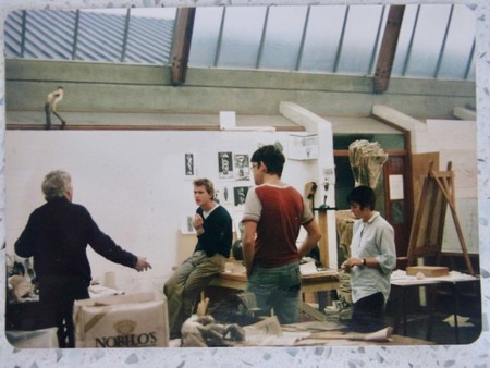 Sculpture studio, University of Canterbury School of Fine Arts, 1986. Tom Taylor, Steve Crene, Peter Robinson, and Claire Cosson. Image courtesy of Tony de Lautour