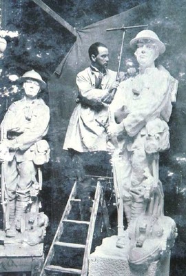 Using a pantograph (the rods are visible around the head of the marble figure at right) William Trethewey copies details from the smaller plaster model to the larger sculpture. Photograph: Canterbury Museum