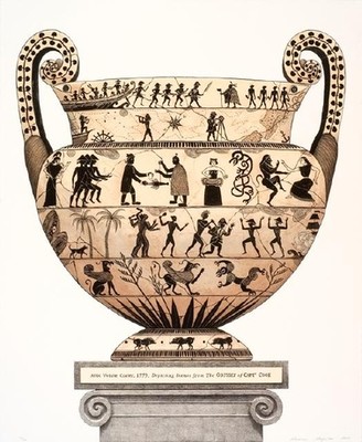 Marian Maguire Attic Volute Crater, 1779, Depicting Scenes from the Odyssey of Captain Cook 2005. Lithograph. Collection of Christchurch Art Gallery Te Puna o Waiwhetū, purchased 2005. Reproduced with permission