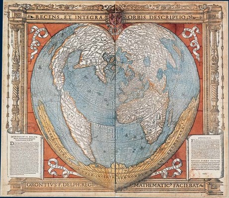 Français : Oronce Fine, Mappemonde en forme de cœur montrant la Terre australeRecens et integra orbis descriptio, Paris, 1536. Carte gravée sur bois et aquarellée (51 × 57 cm (20.1 × 22.4 in) en 2 f. assemblés) BNF, Cartes et Plans, Rés. Ge DD 2987 (63) http://en.wikipedia.org/wiki/File:Map-heart-054.jpg