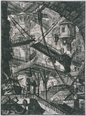 Giovanni Battista Piranesi Carceri Plate VII ‘An Immense Interior With Numerous Wooden Galleries And A Drawbridge In The Centre’ 1761. Etching. Collection of Christchurch Art Gallery Te Puna o Waiwhetū, purchased 1984