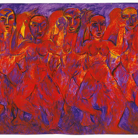 Robyn Kahukiwa Tena I Ruia1987. Acrylic on canvas. Collection of Christchurch Art Gallery, purchased 1989