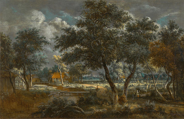 A Wooded Landscape with Peasants on a Path and an Angler at a Stream