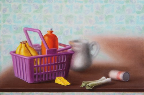 Emily Hartley-Skudder Fridge Ornament (Shopping Basket with Groceries) 2012. Oil on calico. Reproduced courtesy of the artist.