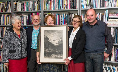 Bradley Family descendents Tricia Wood, Tim Lindley and Jenny Wandl present Petrus van der Velden's charcoal drawing Nor'western Sky (1890) to Christchurch Art Gallery Director Jenny Harper and one very happy curator, Peter Vangioni.