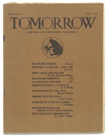 Kennaway Henderson (ed.), Tomorrow: A New Zealand Independent Fortnightly, vol III, no.18, 7 July 1937. Collection of Christchurch Art Gallery Te Puna o Waiwhetū, Robert and Barbara Stewart Library and Archives, Peter Dunbar Collection