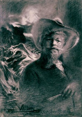 Petrus van der Velden, (1837-1913) Self Portrait with Otira background (1913), charcoal. Collection Christchurch Art Gallery Te Puna o Waiwhetū, bequeathed by Miss D. C. Bates, 1983.