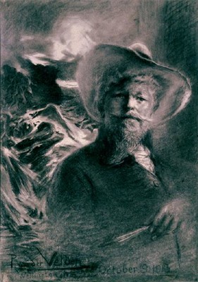 Petrus van der Velden, (1837-1913) Self Portrait with Otira background (1913), charcoal. Collection Christchurch Art Gallery Te Puna o Waiwhetū, bequeathed by Miss D. C. Bates, 1983.
