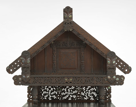 John Henry Menzies Stanford Family Pātaka Cabinet (detail) c. 1895. Wood (American walnut, kauri), pāua shell. Collections of Akaroa Museum (with assistance from the Friends of Akaroa Museum) and Christchurch Art Gallery Te Puna o Waiwhetū; jointly purchased 2019.