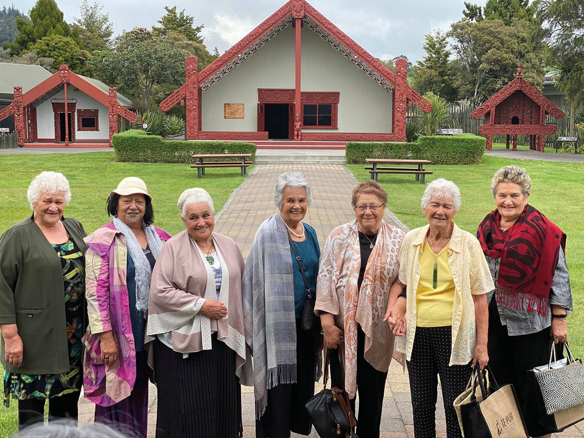 Current members of Kāhui Whiritoi (from left): Sonia Snowden, Connie Pewhairangi, Reihana Parata, Matekino Lawless, Ranui Ngarimu, Toi Te Rito Maihi, Christina Hurihia Wirihana, (absent: Pare Nathan). Te Puia, Rotorua, 2020. Photo: Toi Māori Aotearoa