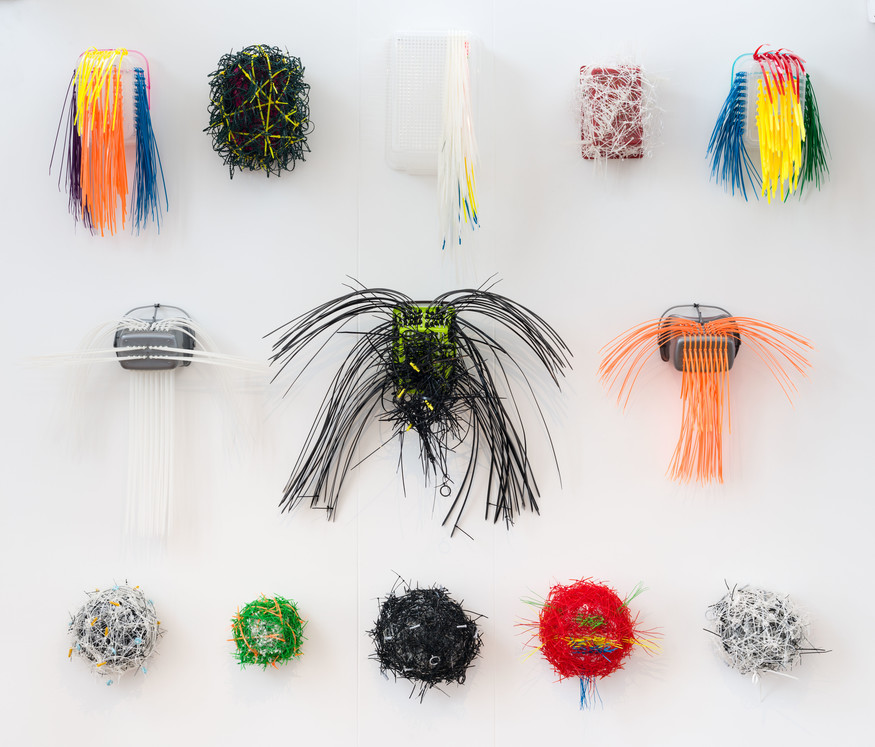 John Hurrell Things (a Baker's Dozen): Five whatsits, two thingummies, two doodahs and four thingies (detail) 2013. Plastic peg baskets, nylon cable ties, label ties, plant ties, washers, rawl plugs, shower curtain rings. Courtesy of the artist