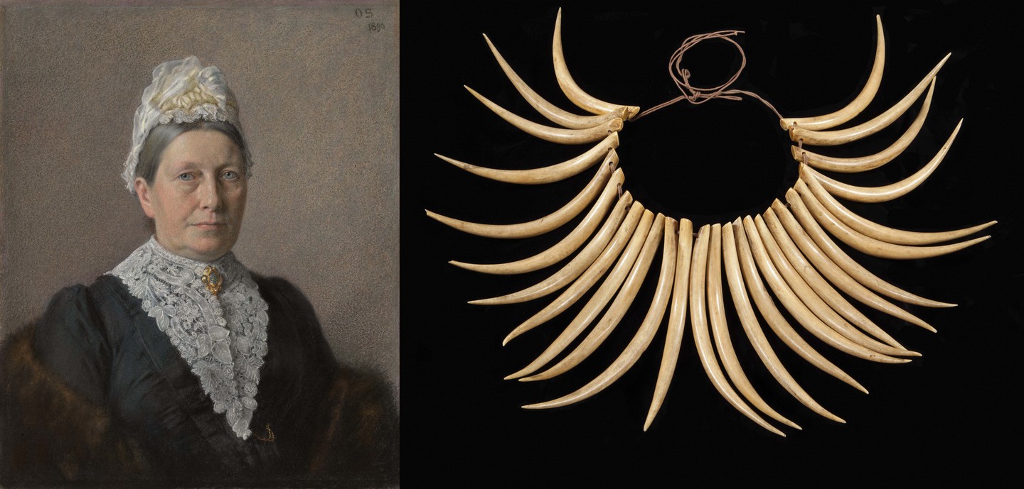 Otto Scholderer Mrs Elizabeth Watson 1890. Pastel. Collection of Christchurch Art Gallery Te Puna o Waiwhetū, Mrs Amelia Bullock-Webster bequest, 1934Maker unknown 'Ula lei. Whale ivory. Samoa. Collection of Canterbury Museum