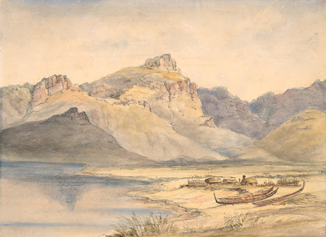 Richard Aldworth Oliver The Māori Settlement, Purau Bay, Port Cooper 1850. WatercolourCollection of Christchurch Art Gallery Te Puna o Waiwhetū, purchased with assistance from the Olive Stirrat Bequest, 1983