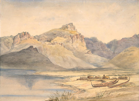 Richard Aldworth Oliver The Māori Settlement, Purau Bay, Port Cooper 1850. WatercolourCollection of Christchurch Art Gallery Te Puna o Waiwhetū, purchased with assistance from the Olive Stirrat Bequest, 1983