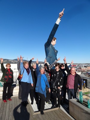 Barry et al. monthly Art Club on the C1 rooftop with Ronnie van Hout's Comin' Down 2013