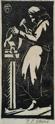 Florence Akins The Metalworker (1932) Linocut. Collection Christchurch Art Gallery Te Puna o Waiwhetū, gifted by the artist, 1997.
