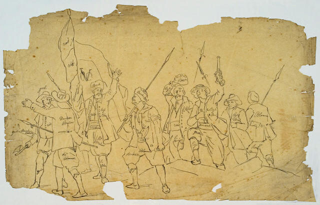 Men Waving Spears And A Flag