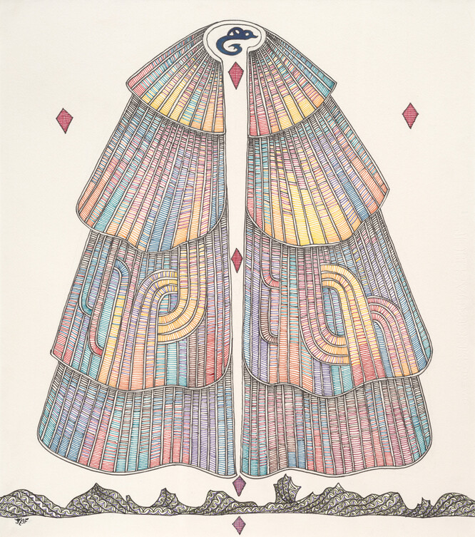 John Bevan Ford Spöring’s View of Motuaro (from the Endeavour, 1769) 1992. Ink on paper. Collection of Christchurch Art Gallery Te Puna o Waiwhetū, purchased 1992