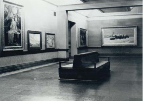 Interior view of the Robert McDougall Art Gallery. Two stalwarts of Christchurch Art Gallery's collection, Henrietta Rae's Doubts (c.1886) and Petrus van der Velden's The Dutch Funeral (1872), can be clearly identified