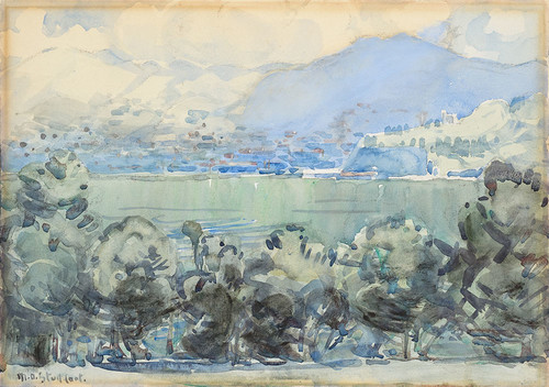 Margaret Stoddart View of Lyttelton from Godley House c.1913. Watercolour. Collection Shirley Intermediate School