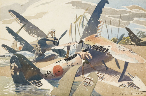 Russell Clark Japanese Planes, Rekata Bay, Santa Isabel, 1945 Watercolour Collection Christchurch Art Gallery Te Puna o Waiwhetū; N Barrett Bequest Collection. Purchased 2010