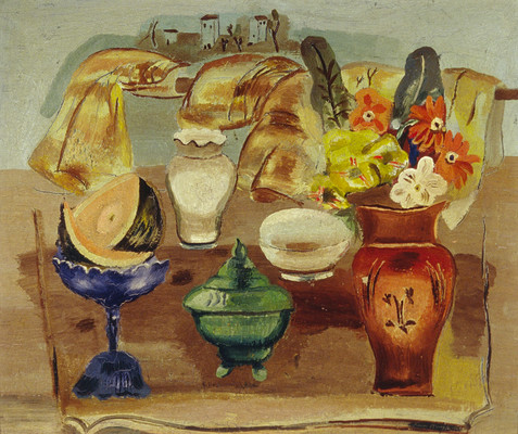 Frances Hodgkins Spanish Still Life And Landscape. Oil on wood panel. Collection of Christchurch art Gallery te Puna o Waiwhetū, purchased 1979