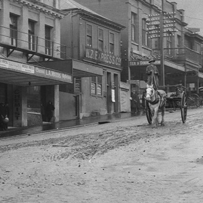 Robert Percy Moore Business centre, Lyttelton N.Z., 5.5.'23 (detail) 1923. Silver gelatin photographic print (contact print from the Cirkut camera negative). National Library of New Zealand, Alexander Turnbull Library Pan-1734-F