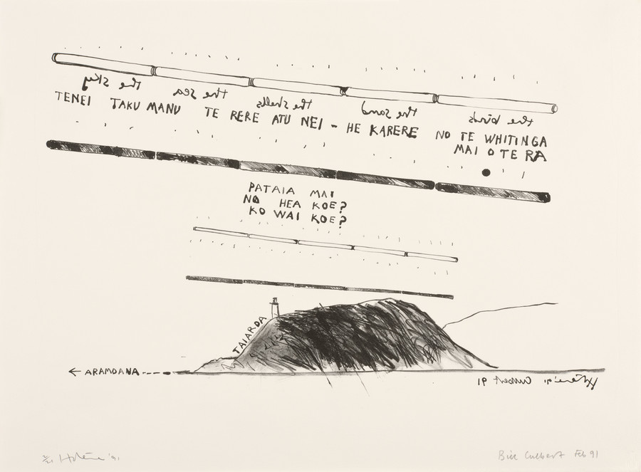 Bill Culbert and Ralph Hotere Pathway to the Sea—Aramoana 1991. Lithograph. Collection of Christchurch Art Gallery Te Puna o Waiwhetu, purchased 1991. By permission of the Bill and Pip Culbert Trust and the Hotere Foundation Trust