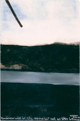 Colin McCahon Tomorrow will be the same but not as this is 1958–9. Solpah and sand on board. Presented by A Group of Subscribers, December, 1962. Collection of Christchurch Art Gallery Te Puna o Waiwhetū, reproduced courtesy of the Colin McCahon Research and Publication Trust