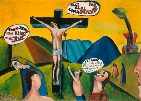 Colin McCahon Crucifixion according to St Mark 1947. Oil on canvas on board. Collection of Christchurch Art Gallery Te Puna o Waiwhetū, presented by Ron O'Reilly  in accordance with the wishes of the artist, 1982. Reproduced courtesy of Colin McCahon Research and Publication Trust