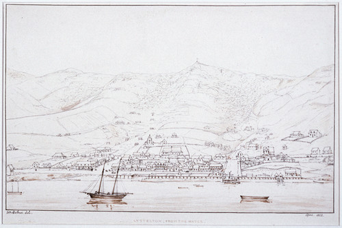 William Holmes Lyttelton from the water 1852. Ink. Collection of Christchurch Art Gallery Te Puna o Waiwhetū, purchased with assistance from the Olive Stirrat Bequest 1987
