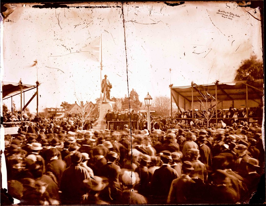 Alfred Charles Barker Unveiling the Godley statue, Christchurch N.Z. Aug. 6, 1867 1867. Glass negative. Canterbury Museum 1944.78.52