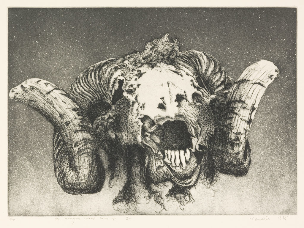 Barry Cleavin, The hungry sheep look up– the final solution (2) 1996. Etching. Collection of Christchurch Art Gallery Te Puna o Waiwhetū 1999. Reproduced courtesy of Barry Cleavin