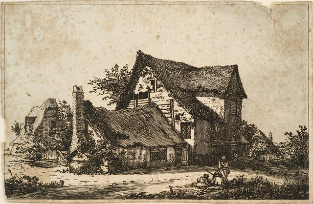 Thatched Houses With One Standing And Two Seated Figures In Foreground