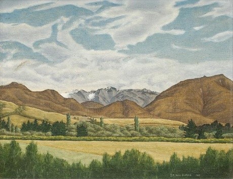 Douglas MacDiarmid Hills From Annat, February 1946. Oil on board. COllection of Christchurch Art Gallery Te Puna o Waiwhetū, N. Barrett Bequest Collection, purchased 2010. Reproduced courtesy of the artist