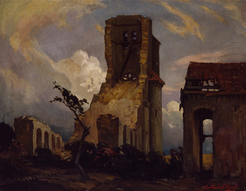 Archibald Nicoll Becordel AD 1916 1930. Oil on canvas board. Collection of Christchurch Art Gallery. Purchased 1996. Gunner Archibald Nicoll painted this picture of the ruins of Becordel, a village near Albert, France, which the New Zealand Division passed through on its way to the front in 1916.