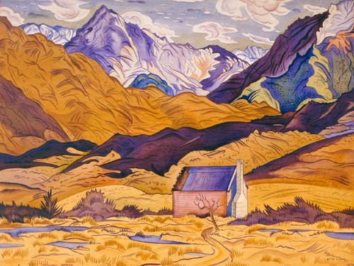 Rita Angus Mountains Cass 1936. watercolour. Presented by Robert Erwin in 1985 in memory of Lawrence Baigent.