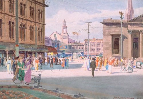 James Fitzgerald View Of Cathedral Square From Hereford Street 1935. Watercolour. Collection of Christchurch Art Gallery Te Puna o Waiwhetū, purchased 1997    