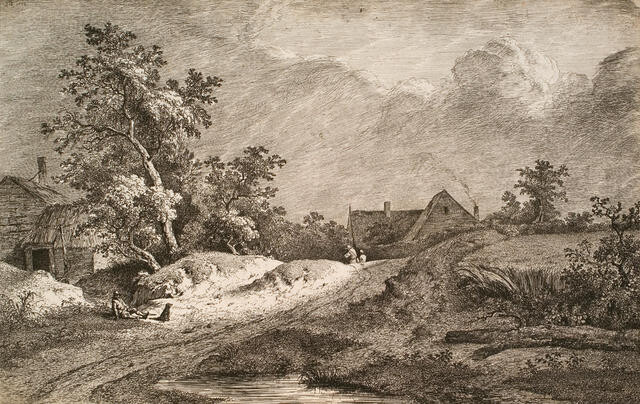Man reclining with dog in landscape with cottage, 1772