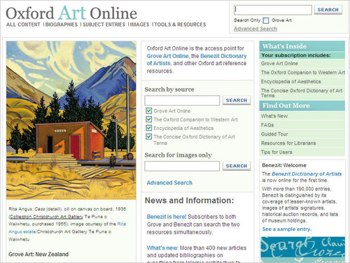 Screenshot of Oxford Art Online homepage