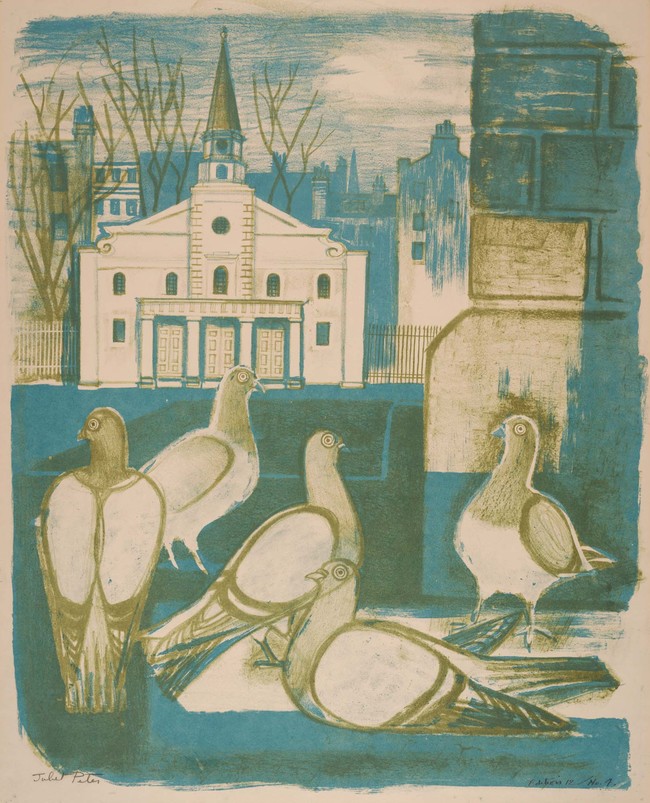 Juliet Peter London Pigeons 1954. Lithograph. Collection of Christchurch Art Gallery Te Puna o Waiwhetū