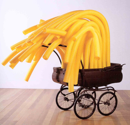 Don Driver Yellow Tentacle Pram 1980. Mixed media. 1700 x 1400 x 1740 mm. Collection of the Dunedin Public Art Gallery. Reproduced with permission.  