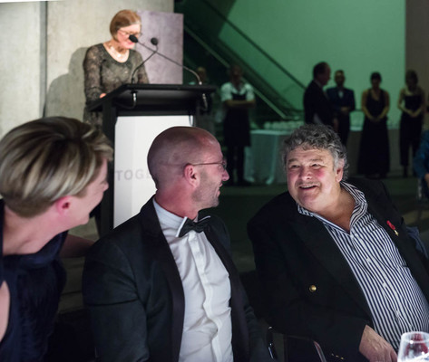 Grumps (right) enjoying the illumination of his gift to Christchurch, the Martin Creed work EIGTBA, on Saturday night at Christchurch Art Gallery's Foundation dinner.