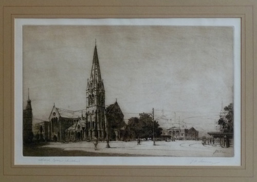 John Mills Thomasson Cathedral Square, Christchurch 1922. Etching. Collection of Christchurch Art Gallery Te Puna o Waiwhetū