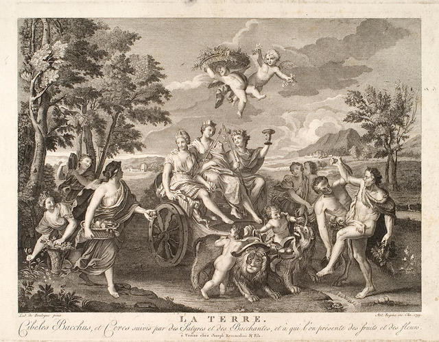 La Terre. Cibeles Bacchus et Ceres suivis par des Satyres et des Bacchantes, et à qui l’on presente des fruits et des fleurs