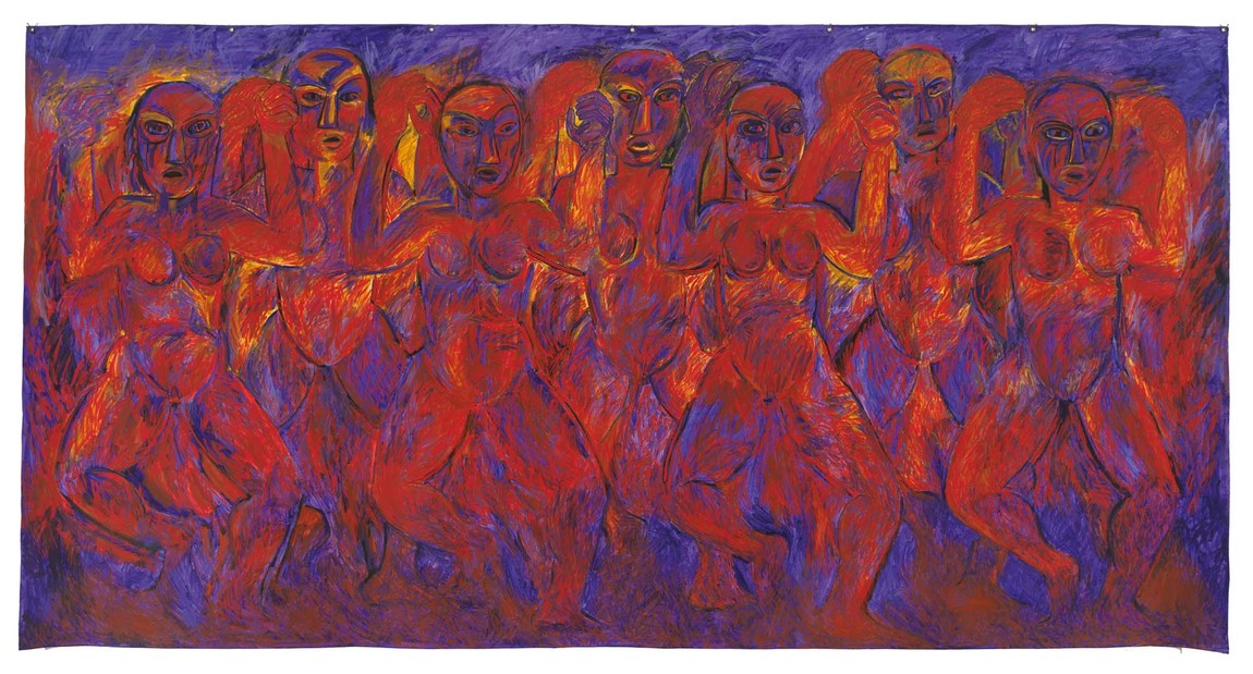 Robyn Kahukiwa Tena I Ruia 1987. Acrylic on canvas. Collection of Christchurch Art Gallery Te Puna o Waiwhetū, purchased 1989