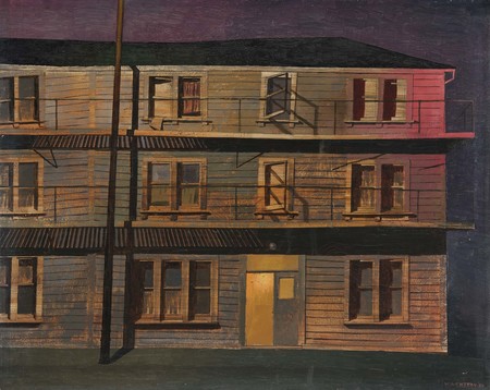 W.A. Sutton Private lodgings 1954. Oil on canvas on board. Collection of Christchurch Art Gallery Te Puna o Waiwhetū, purchased 1959