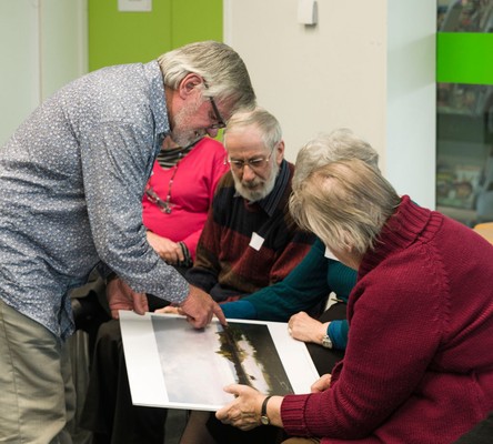 Christchurch Art Gallery guide Rod McKay introduces an artwork from the Gallery's collection to attendees at an Artzheimers session. Alzheimers Canterbury and Christchurch Art Gallery hold monthly art-appreciation groups for people with brain-degenerative diseases at the Christchurch South Library.