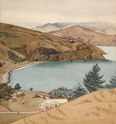 Rita Angus Wainui, Akaroa 1943. Watercolour. Collection of Christchurch Art Gallery Te Puna o Waiwhetū, N. Barrett Bequest Collection. Purchased 2010. Courtesy of the Estate of Rita Angus
